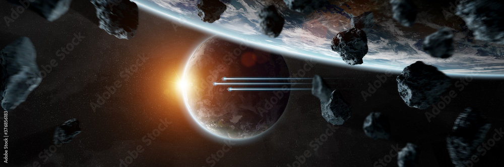 Sticker panoramic space planets background. panorama of distant solar system with exoplanets 3d rendering el