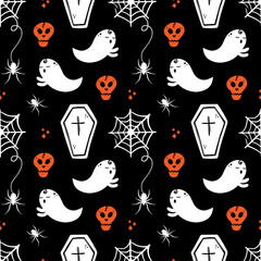 Halloween vector seamless pattern background with ghosts, spider web with spider, skulls and coffins.