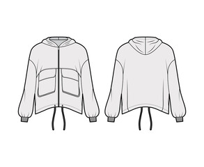 Zip-up hooded paneled track jacket technical fashion illustration with utility flap pockets, oversized, long sleeves, drawcord hem. Flat coat template front back grey color. Women, men, unisex top CAD © Vectoressa