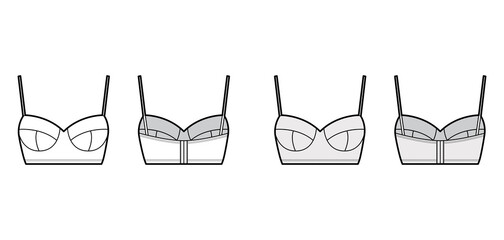 Bustier top technical fashion illustration with cropped length, molded cups, spaghetti straps. Flat bra swimwear lingerie template front, back, white, grey color. Women men unisex underwear CAD mockup - obrazy, fototapety, plakaty