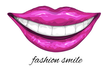 realistic, pink lips, modern smile isolated on a white background. pink lips, hand-drawn, Doodle style. vector illustration for printing, design, advertising, your ideas.