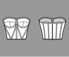 Corset-style bustier top technical fashion illustration with molded cups, close fit, back zip fastening, cropped length. Flat apparel template front back white color. Women men unisex shirt CAD mockup © Vectoressa