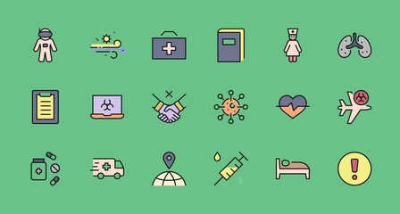 Set of Coronavirus Protection Vector Line Icon. Contains such Icons as Ambulance, Novel CoronaVirus, Protective Measures, Symptoms, Incubation Period and more. 32x32 Pixels. Editable Stroke