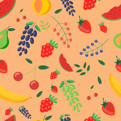 Seamless pattern of berries and fruits.On a beige background.Hand drawing Vector illustration.