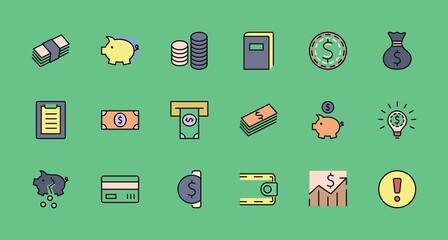 Set of Money Related Vector Line Icons. Contains such Icons as Money Bag, Piggy Bank in the form of a Pig, Wallet, ATM, Bundle of Money, Hand with a Coin and more. Editable Stroke. 32x32 Pixel Perfect