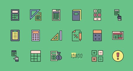 Set of Calculation Vector Line Icons. Contains such Icons as Calculator Icon, Pencil, Click, Money Bag, Percent symbol, Square and Ruler. Editable Stroke. 32x32 Pixel Perfect.