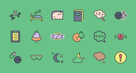 Sleep Vector Line Icons Set. Contains such Icons as Alarm Clock, Bed, Insomnia, Pillow, Sleeping Pills, Bell, Glasses for sleep, Bubble and more. Editable Stroke. 32x32 Pixel Perfect