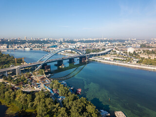 Aerial drone view. A cable-stayed bridge under construction across the Dnieper River in Kiev.