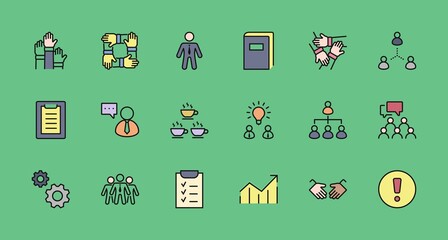 Set of Team Work Related Vector Line Icons. Contains such Icons as Handshake, Check, Idea, Coffee, Gears, Cooperation, Collaboration, Team Meeting and more. Editable Stroke. 32x32 Pixel Perfect