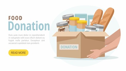 Food and grocery donation. Charity, food donation for needy and poor people. Vector web banner. - 376858968