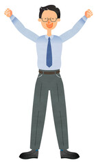 両手を上げて笑顔でガッツポーズをするスーツ姿のメガネの男性
