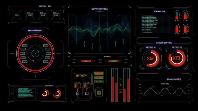 Futuristic user interface HUD. Game control target element. Technological neon digital background. Future radar screen. Blinking and switching indicators and statuses showing work of command center,pr