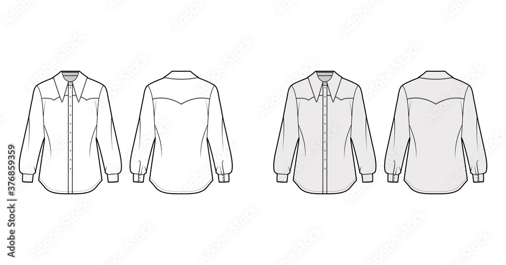 Wall mural Western-inspired shirt technical fashion illustration with long sleeves with cuff, front button-fastening, exaggerated point collar. Flat template front back white grey color. Women men top CAD mockup - Wall murals
