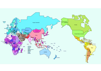 簡略化した世界地図　国別色分け　英字国名入り