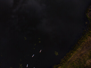Top view of tourists on lake with SUP-boards. Beautiful clear water with people floating on boards engaged in sup-surfing. Seascape with people rowing on boards on background horizon