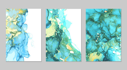 Teal and gold marble abstract backgrounds. Set of alcohol ink technique vector stone textures. Modern paint in natural colors with glitter. Template for banner, poster design. Fluid art painting
