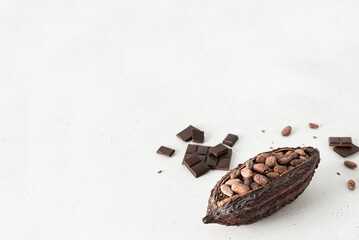 Dark chocolate pieces crushed and cocoa beans in pod on white concrete background. Culinary food...