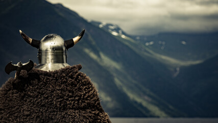 Viking warrior on fjord shore, Norway