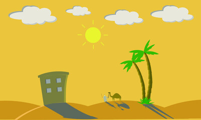 Illustration of an Arab man and his pet camel in the desert