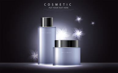 cosmetic product poster, bottle package design with collagen and moisturizer cream or liquid, sparkling background with glitter polka, vector design.