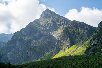 Panoramic view of the Polish Tatra peaks of the mountains during summer morning.