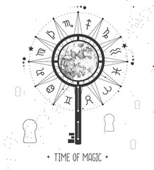 Modern magic witchcraft Astrology wheel with zodiac signs on space background. Magic key silhouette. Horoscope vector illustration