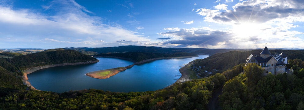 the edersee lake with castle waldeck in germany as high definition panorama
