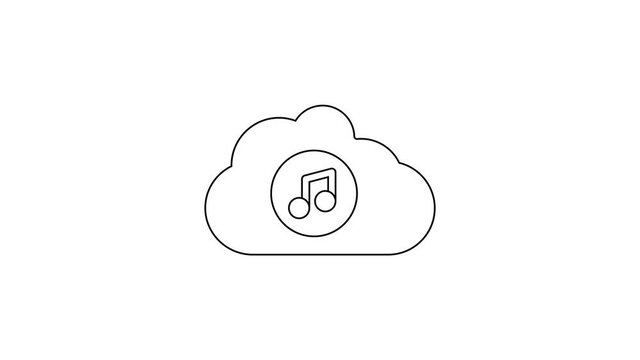 Black line Music streaming service icon isolated on white background. Sound cloud computing, online media streaming, song, audio wave. 4K Video motion graphic animation.