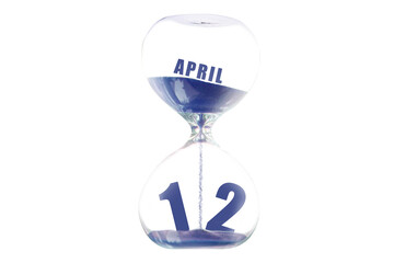 april 12th. Day 12 of month,Hour glass and calendar concept. Sand glass on white background with calendar month and date. schedule and deadline spring month, day of the year concept