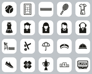 Tennis Sport & Equipment Icons Black & White Flat Design Set Big