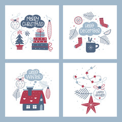 Set of Christmas cards. Template for greetings, scrapbooking, congratulations, invitations, stickers, planners. Vector illustrations.