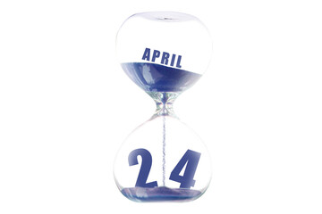april 24th. Day 24 of month,Hour glass and calendar concept. Sand glass on white background with calendar month and date. schedule and deadline spring month, day of the year concept