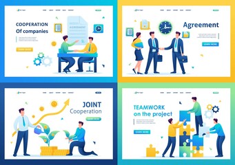Set of landing pages on the topic of cooperation between companies. Flat 2D. vector illustration