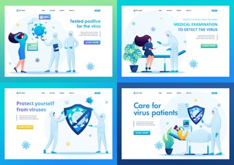 Set of landing pages on the topic of medicine during the epidemic. Vector illustration treatment of patients with viral infection