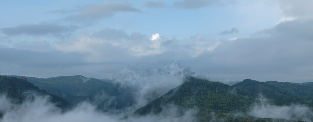 Panorama of the mountains. The mountain slopes are covered with green forest, fog. Rocks. Sky with clouds.

