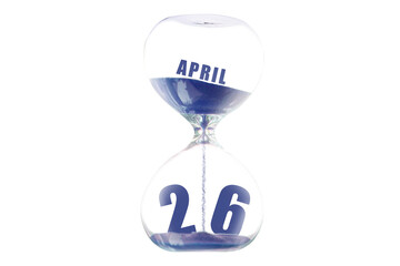 april 26th. Day 26 of month,Hour glass and calendar concept. Sand glass on white background with calendar month and date. schedule and deadline spring month, day of the year concept