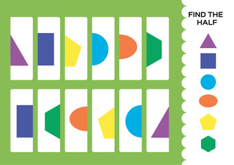 Find the half for shapes. Simple educational game for kids. Education logic game for preschool.Kids activity flashcard. Geometric shapes set to find the second half. Game to compare and connect.Green.