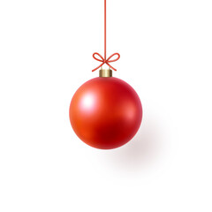 Christmas tree ball with bow isolated on white background. Vector red glass xmas bauble element design