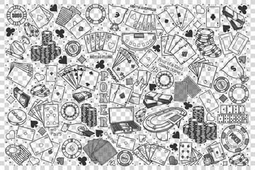 Poker doodle set. Collection of hand drawn sketches templates of casino club gambling poker cards on transparent background. Game addiction and wasting money illustration.