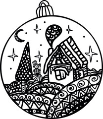 Christmas ball, toy with a snow-covered house and snowman. Antistress coloring book, page. Children's hand drawing. Outline of cartoon style Doodle vector illustration. Zen monochrome graphics.