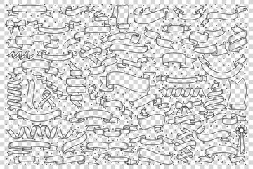 Obraz premium Ribbon banners doodle set. Collection of hand drawn sketches template patterns of decorative placards and bands scrolls on transparent background. Festival celebration illustration