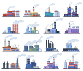 Industrial factory. Manufacturing building, chimney pipe factory, warehouse, power station, factory architecture exterior vector illustration set. Power electricity isolated plants on white