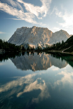 Mountain Zugspitze at sunrise with reflections on lake Seebensee near Ehrwald, reutte, Tirol. Beautiful morning, hiking, mount
