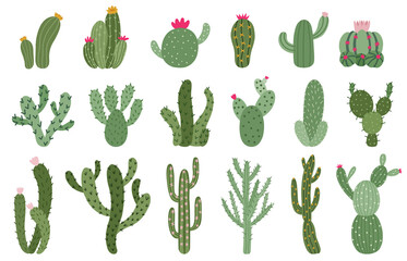 Cute cactus. Succulents and cacti flower, green prickly desert house plants, tropical home plants isolated vector illustration icons set. Flora of different size and shape for hot climate