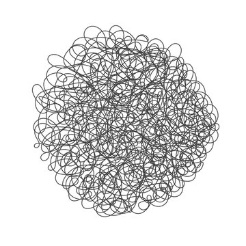 Tangled chaos abstract hand drawn messy scribble ball vector illustration. Random chaotic dynamic scrawl lines. Wild emotion irregular pattern isolated on white background.