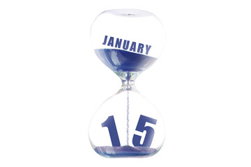 january 15th. Day 15 of month,Hour glass and calendar concept. Sand glass on white background with calendar month and date. schedule and deadline winter month, day of the year concept