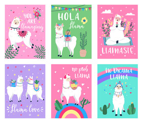 Llama cute poster. Alpaca greeting cards with inspiration quotes, hand drawn ethnic colorful peruvian llamas posters vector illustration set. Animal characters with cactus plants in pots, baggage
