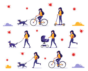 Woman doing outdoor activities during pandemic: walk with dog, child, riding bicycle, jogging. Woman in face mask. 