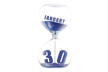 january 30th. Day 30 of month,Hour glass and calendar concept. Sand glass on white background with calendar month and date. schedule and deadline winter month, day of the year concept