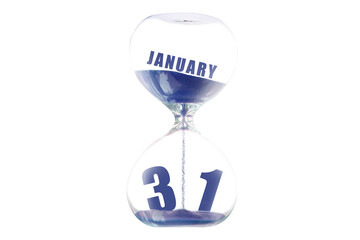 january 31st. Day 31of month,Hour glass and calendar concept. Sand glass on white background with calendar month and date. schedule and deadline winter month, day of the year concept